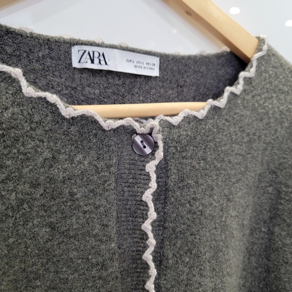 Zara Scalloped Trim Knit Cropped Cardigan Preppy Cozy Neutral Ballet-core Large - Picture 12 of 17